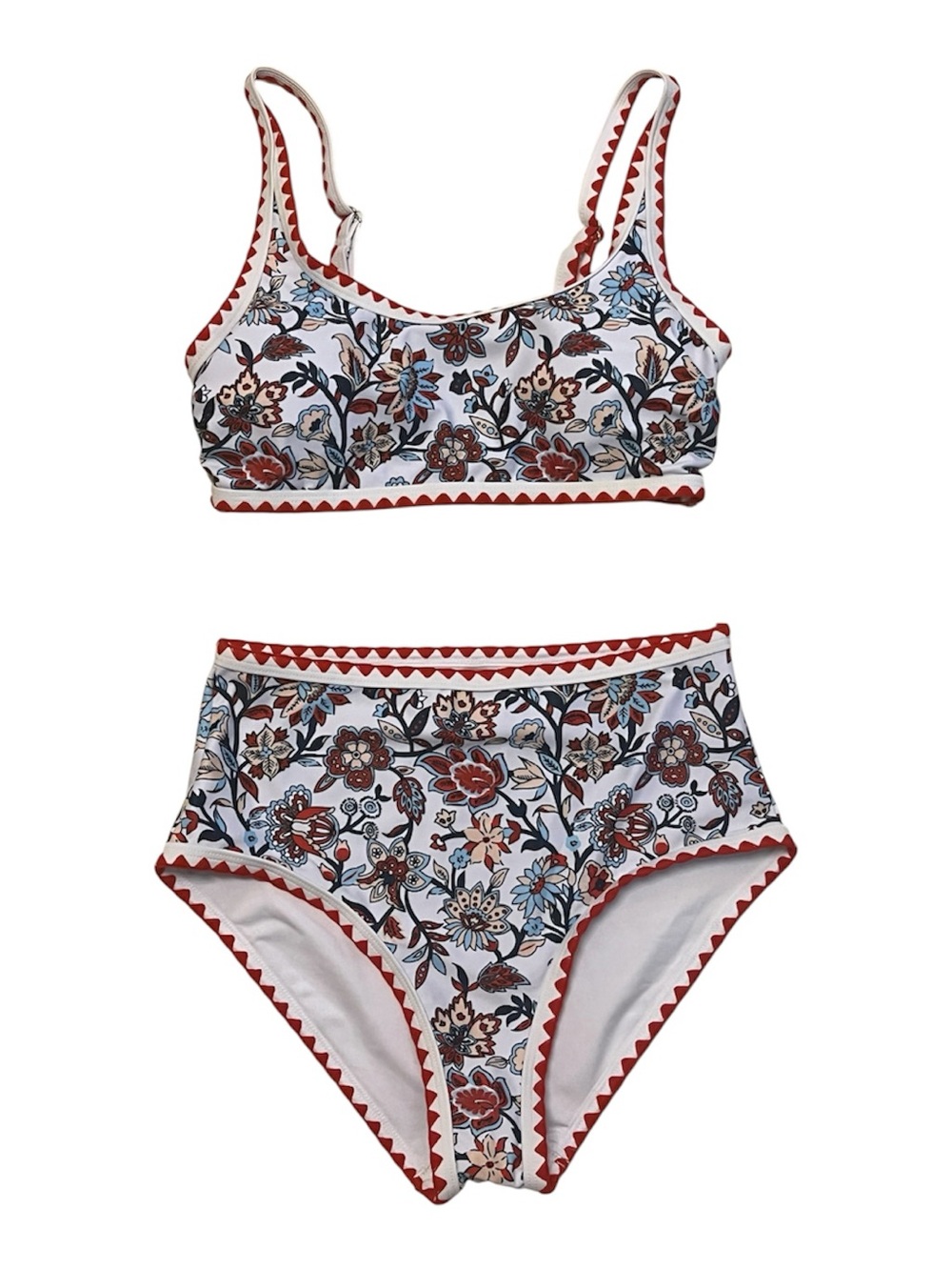 Zaful White Floral High-Waist Bikini Set with Rust Trim